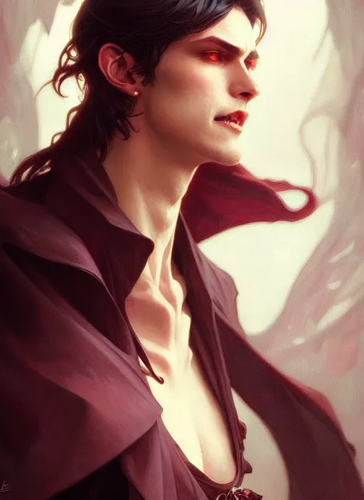 Image similar to ultra realistic illustration, handsome vampire. intricate, elegant, magic, highly detailed, digital painting, artstation, concept art, smooth, sharp focus, illustration, art by artgerm and greg rutkowski and alphonse mucha and wlop