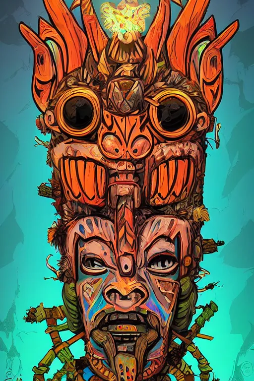 Prompt: totem animal shaman vodoo mask feather gemstone plant wood rock tribal video game illustration vivid color borderlands by josan gonzales and dan mumford radiating a glowing aura