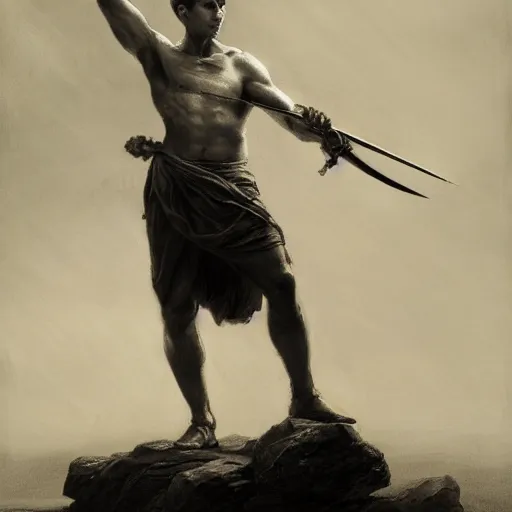 Prompt: artstation concept of a Young man with a bare upper body holding a sword in both hand, silver, shiny hyperdetailed, artstation trending, world renowned artists, worth1000.com, historic artworks society, antique renewel, cgsociety, by greg rutkowski, by Gustave Dore, Deviantart