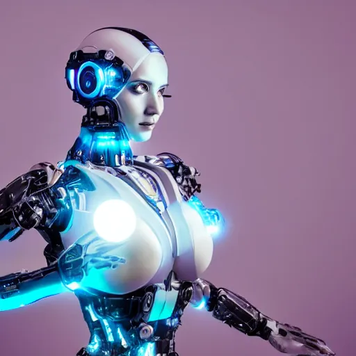 Prompt: beautiful centered fine art photo portrait of graceful girl with solarpunk mecha humanoid parts with led lights, serpentine pose gesture, photorealistic, white background, highly detailed and intricate, soft box lighting, shallow depth of field hdr 8 k