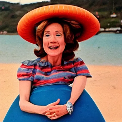 Image similar to middle aged woman with an inflatable head on top of her head, wearing a dress, at the seaside, 1976 French film, archival footage, technicolor film expired film live-action, 16mm