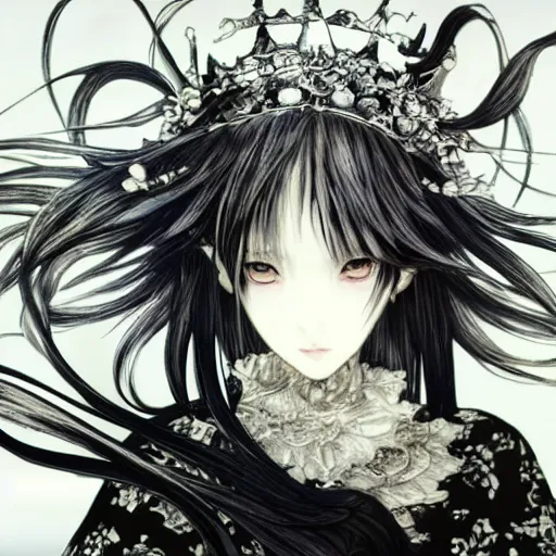 Image similar to yoshitaka amano blurred and dreamy illustration of an anime girl with black eyes, wavy white hair fluttering in the wind wearing elden ring armor and crown with engraving, abstract black and white patterns on the background, noisy film grain effect, highly detailed, art by shigenori soejima, renaissance oil painting, weird portrait angle, blurred lost edges, three quarter view