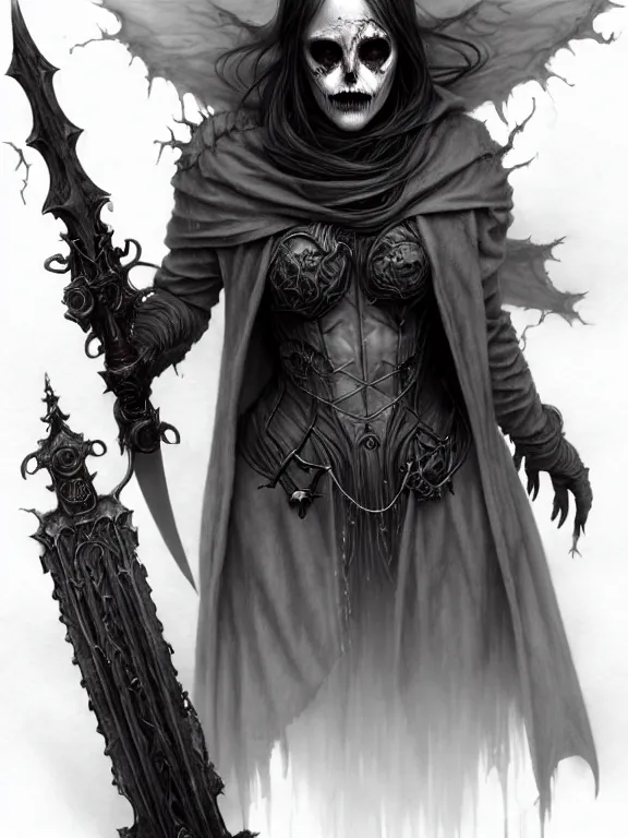 Prompt: female revenant, undead, grey tarnished longcoat, vengeful, floating, no legs, tendrils, high fantasy, steampunk, monochromatic, detailed face, highly detailed, smooth, shrap focus, matte digital illustration, by koyorin, donato giancola, pixiv, chiaroscuro