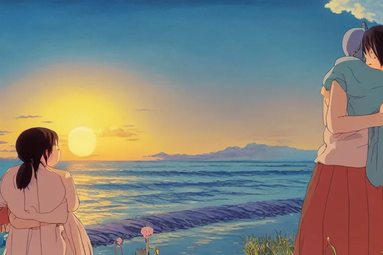 Prompt: a dreamy studio ghibli painting of a duck and a woman hugging each other near the water during a beautiful sunset, in the style of studio ghibli, highly detailed, 4K, smooth, trending on artstation