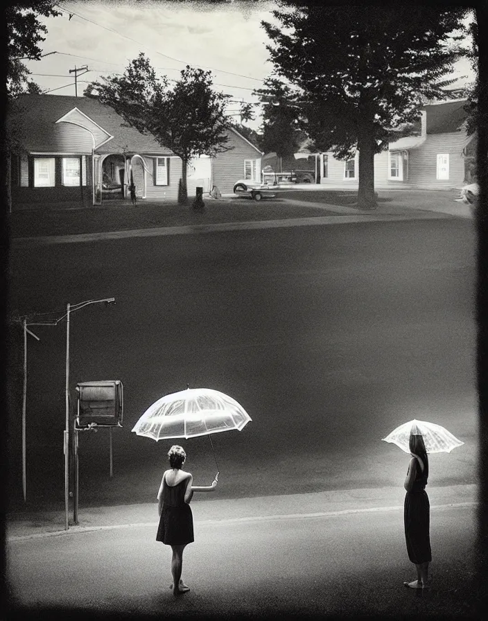 Image similar to “ gregory crewdson, photograph, quiet american neighborhood, a woman waiting holding a transparent umbrella ”