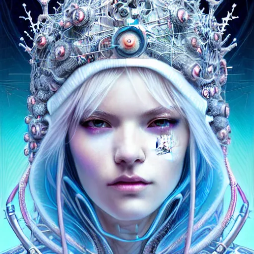 Image similar to high quality, high detailed portrait of a snow queen cyberpunk character in a futuristic world, snow crush. hyperrealism, intricate details, cables, wires, elaborate futuristic crown. connectors led. tristan eaton, victo ngai, artgerm, rhads, ross draws, alphonse mucha, pastel colors, vintage, artstation, vector. 8 k