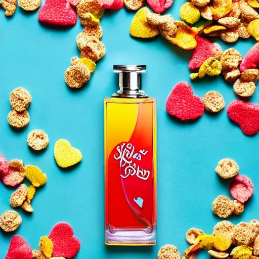 Prompt: a bottle of By Kilian 'Love Don't Be Shy' perfume, the bottle of perfume is laying on cereal, the cereal is Kelloggs Fruity Pebbles, high resolution photo,