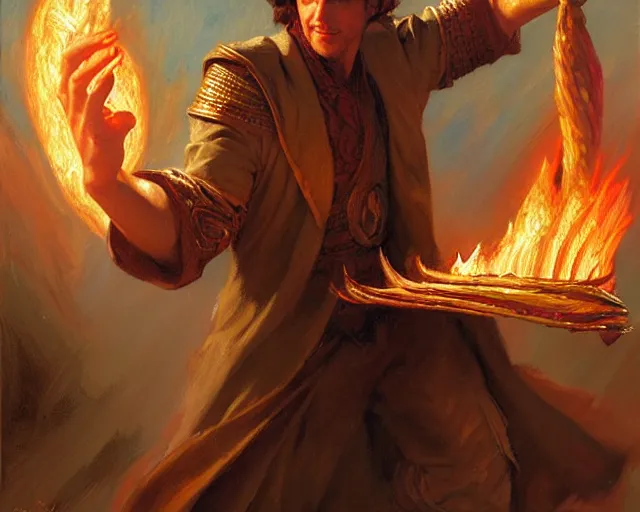 Image similar to attractive male wizard casting powerful fire spell. highly detailed painting by gaston bussiere, craig mullins, j. c. leyendecker 8 k