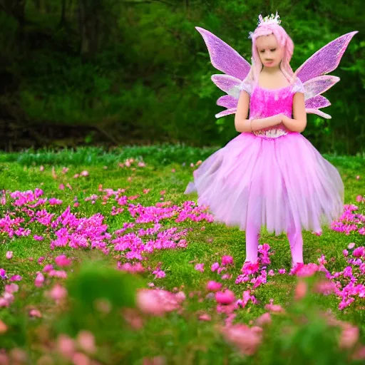 Prompt: a young girl dressed up as fairy in front of some pink flowers