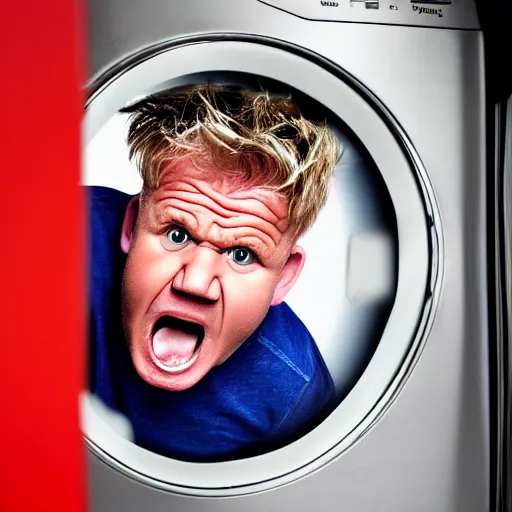 Image similar to angry furious Gordon Ramsay poking his head out of a washing machine and shouting at the camera