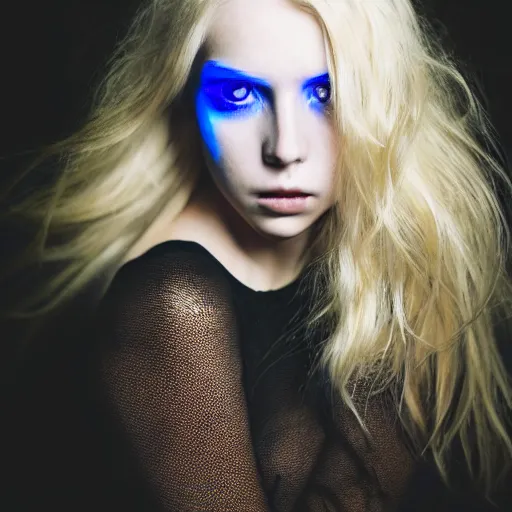 Prompt: A gorgeous blonde with glowing blue eyes, in love, grungy, unkept hair, glowing eyes, modelsociety, radiant skin, huge anime eyes, RTX on, bright on black, dramatic, studio lighting, perfect face, intricate, Sony a7R IV, symmetric balance, polarizing filter, Photolab, Lightroom, 4K, Dolby Vision, Photography Award