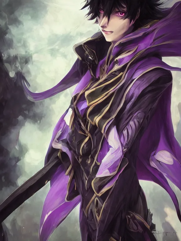 Prompt: manly eccentric lelouch lamperouge, purple eyes, hyper detailed, digital art, trending in artstation, cinematic lighting, studio quality, smooth render, unreal engine 5 rendered, octane rendered, concept art, smooth, sharp focus, illustration, art by artgerm and greg rutkowski and alphonse mucha and ian sprigger and wlop
