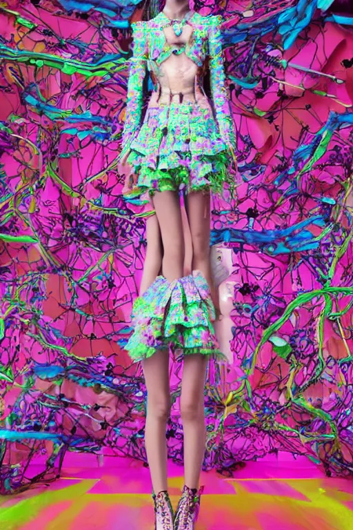 Image similar to antediluvian steppe magical girl wearing cybernetic floral valentino resort ss 2 0 1 4, cyberpunk steppe market background, bright fashion photography, hyperrealistic