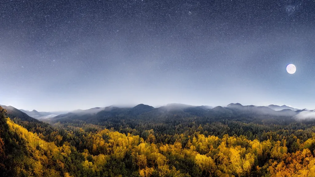 Image similar to Panoramic photo where the mountains are towering over the valley below their peaks shrouded in mist. The moon is just peeking over the horizon and the sky is covered with stars and clouds. The river is winding its way through the valley and the trees are starting to turn yellow and red