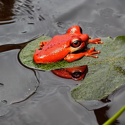 Prompt: photograph of a red frog on a lily pad in a swamp