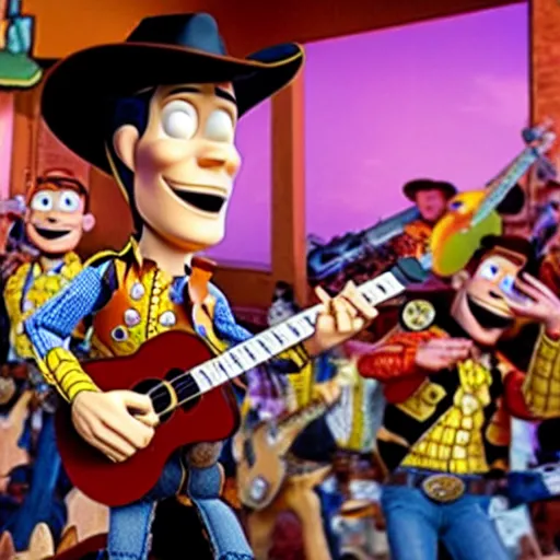 Image similar to flash photography of sheriff woody at a moshpit in local rock band