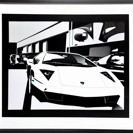 Image similar to a portrait of a Lamborghini, made by Andy Warhol, two tone, very high contrast, only black and white, simplistic, extremely high contrast, two tone, notan art, by Andy Warhol, minimalistic,