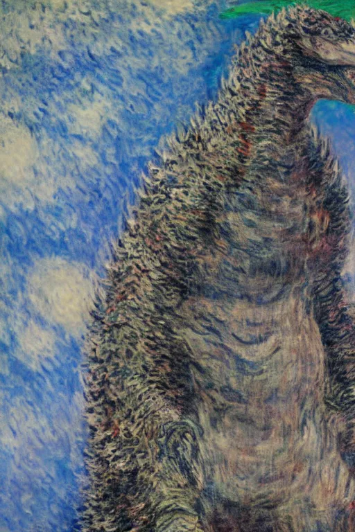 Prompt: portrait of shinzo abe as Godzilla painting by claude monet