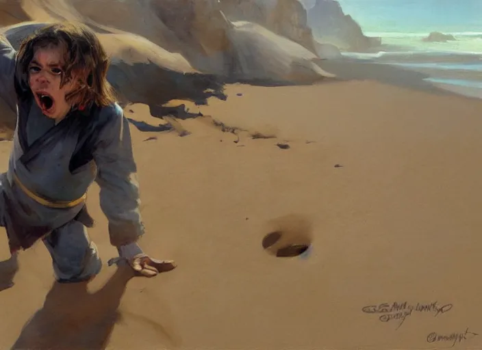 Image similar to a highly detailed beautiful portrait of anakin skywalker screaming and crying at sand, by gregory manchess, james gurney, james jean