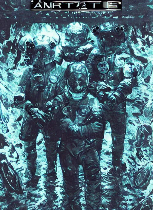 Image similar to astronauts in dark and empty void underwater poster - complex and hyperdetailed technical suit. reflection and dispersion materials. rays and dispersion of light. volumetric light. 5 0 mm, f / 3 2. noise film photo. flash photography. ultra realistic, wide angle. poster by wayne barlowe, hajime sorayama aaron horkey, craig mullins