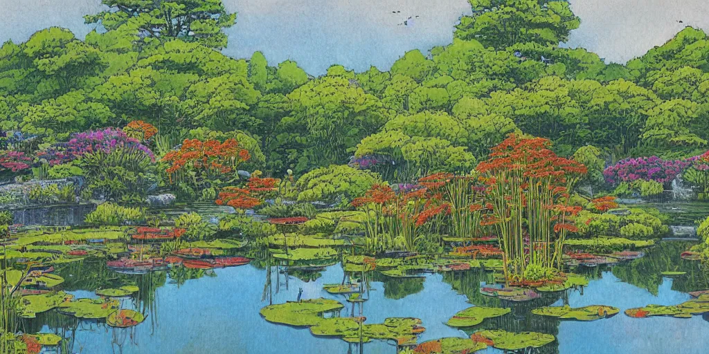 Prompt: pond landscape, by cosmo mulford, intricate, sharp focus, detailed, lively colors, studio ghibli color scheme