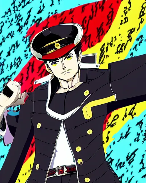 Prompt: Jotaro Kujo in Persona 5, in the style of Persona 5, Persona 5, Persona 5 artwork
