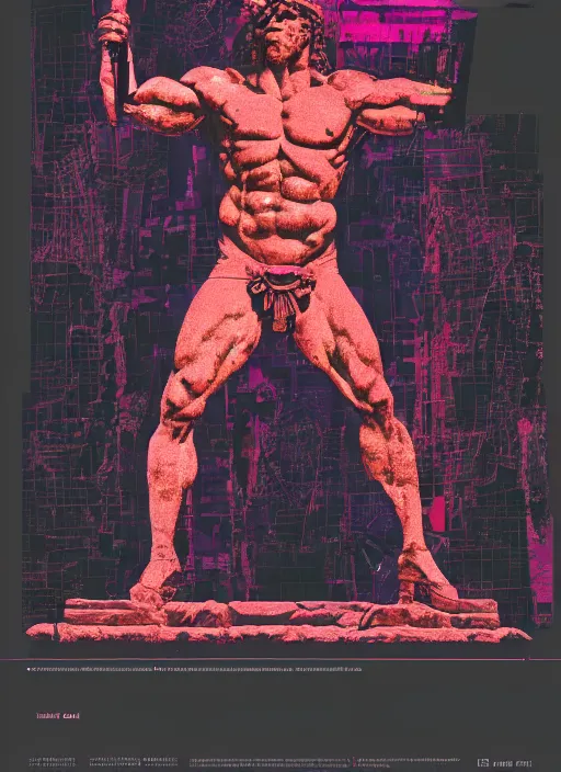 Prompt: design poster showing a statue of hercules, black background with very subtle red and purple design elements, powerful, nekro, vito acconci, graphic design, collage art, subtle thin straight lines, dark, glitch art, neo vaporwave, gritty, layout frame, square, trending on artstation