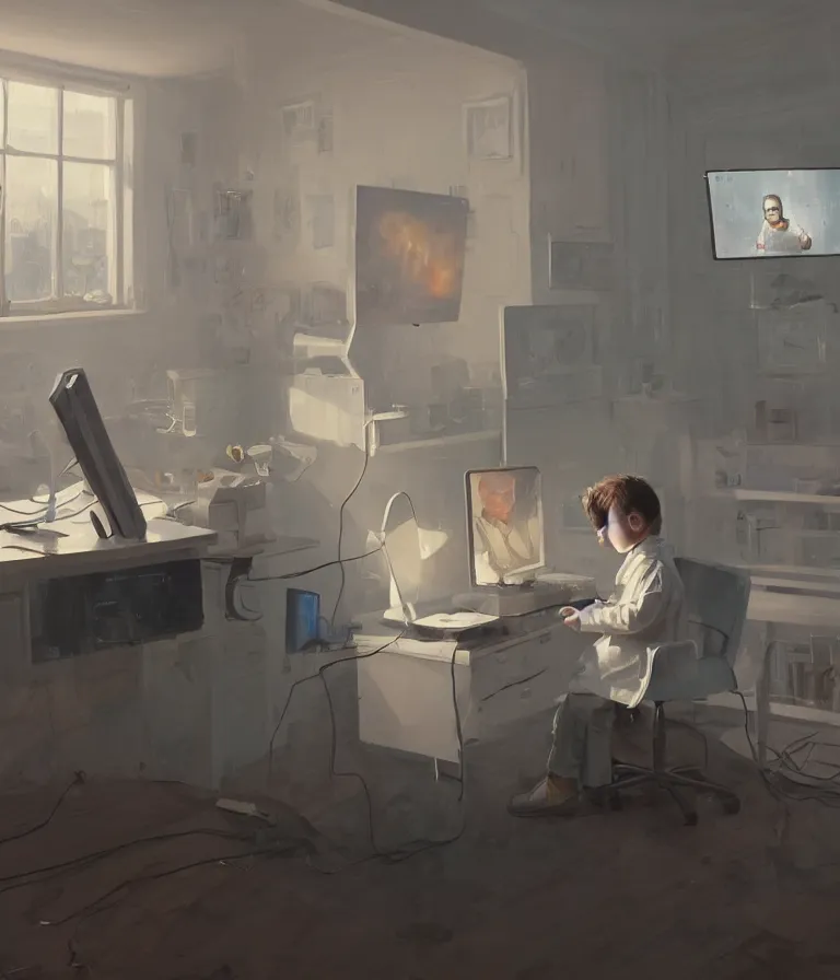 Prompt: a portrait of a smart child in a white coat in front of a computer and screens in a painting from stalenhag, 4 k, 8 k, hdr, artstation
