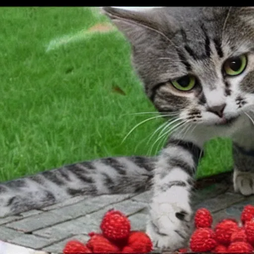 Image similar to cctv footage of a cat eating berries in backyard last night. caught on camera