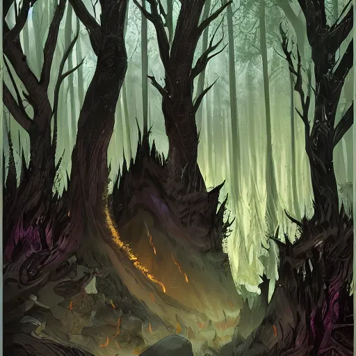 Image similar to a battle between the forces of hell and the forces of heaven in a magical forest. The forest is burned with charred trees. Lots of holy and damned magic is used