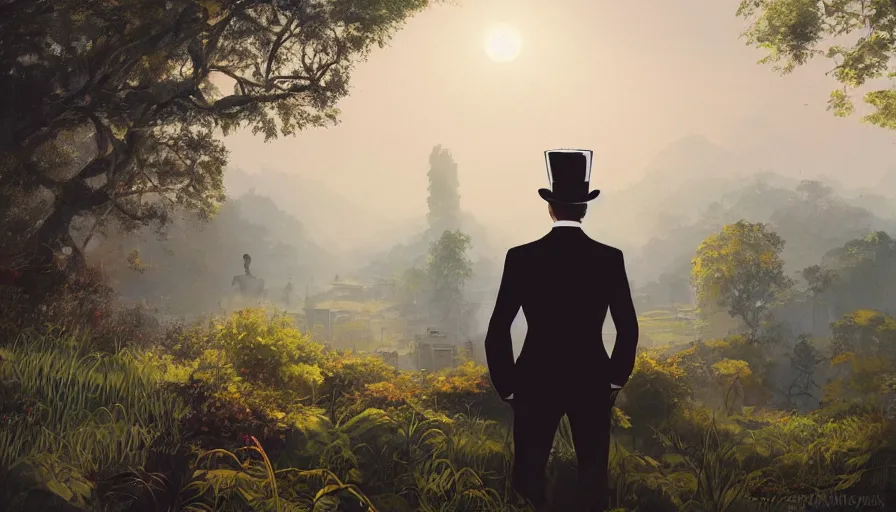 Prompt: ilya kuvshinov illustration of a gentleman in a suit and top hat watching the sun rise over the overgrown valley with ancient ruins reclaimed by nature, hazy and misty, magical feeling, uhd, high detail, by ilya kuvshinov