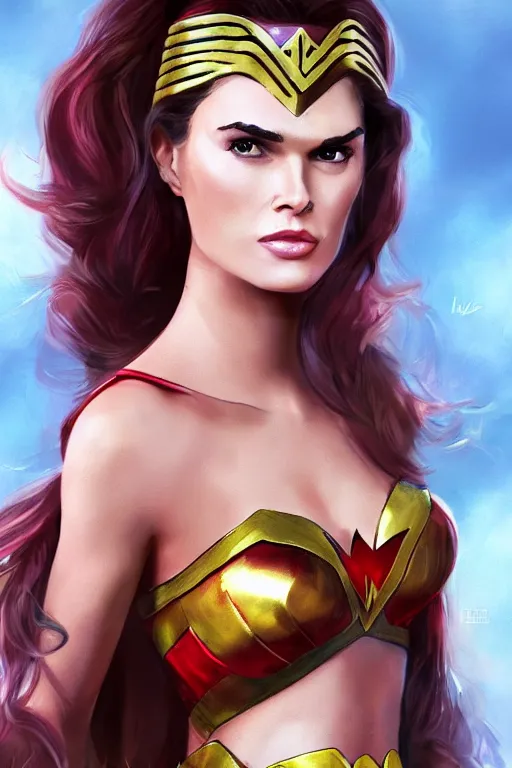 Image similar to portrait of a mix of beautiful young maria shriver, mariel hemmingway, brooke shields and elle macpherson as wonderwoman, thin lips, hair tied up in a pony tail, colorful artstation, cgsociety