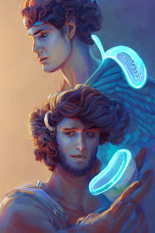 Image similar to highly detailed, the handsome greek god hermes, wearing winged helmet, holding glowing laptop computer, clouds of glowing binary code, digital painting bioluminance alena aenami artworks in 4 k design by lois van baarle by sung choi by john kirby artgerm style pascal blanche and magali villeneuve