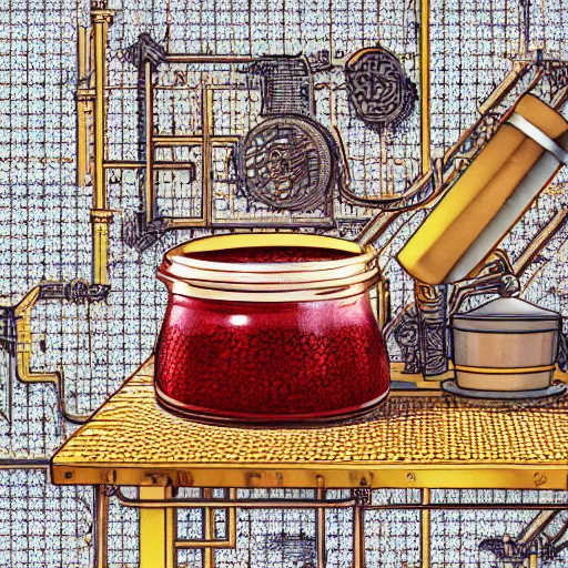 Image similar to fineline painting anthropomorphic toast in an isometric steampunk strawberry jam factory, colour pallette of strawberry shortcake, incredible detail, vray render subsurface scatter drum scanner, intricate complexity, golden ratio, cartoon animation pendleton ward, 8 k detail