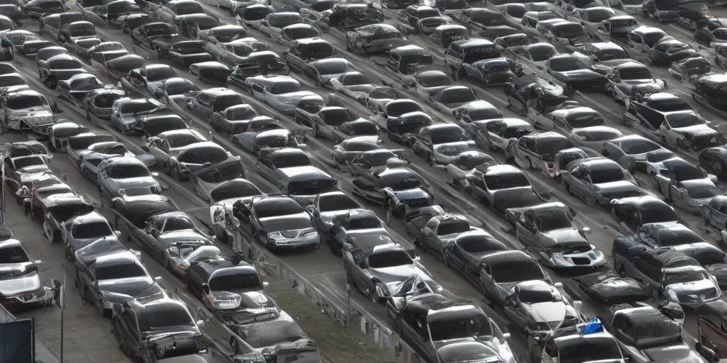 Image similar to an infinite convoy line of cars , extreme wide shot, infinite regression