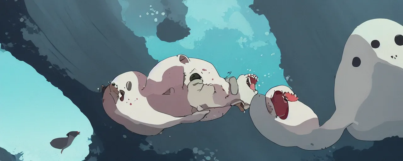 Image similar to piranhas devouring a baby harp seal, blood in the water, atey ghailan, goro fujita, studio ghibli, rim light, dark lighting, clear focus, very coherent