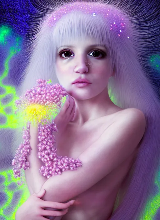 Image similar to hyper detailed 3d render like a Oil painting - kawaii portrait Aurora (white haired Singer Ferret) seen Eating of the Strangling network of yellowcake aerochrome and milky Fruit and Her delicate Hands hold of gossamer polyp blossoms bring iridescent fungal flowers whose spores black the foolish stars by Jacek Yerka, Mariusz Lewandowski, Houdini algorithmic generative render, Abstract brush strokes, Masterpiece, Edward Hopper and James Gilleard, Zdzislaw Beksinski, Mark Ryden, Wolfgang Lettl, hints of Yayoi Kasuma, octane render, 8k