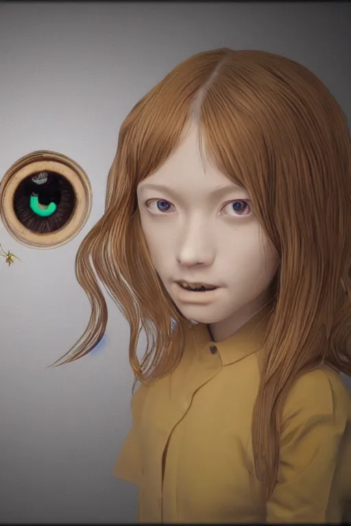 Prompt: recursive image with a girl looking through window, large eyes, her long hair flowing, anatomically correct, oil pastels and gold, in the style of katsuhiro otomo, modeled in poser, redshift render, uhd