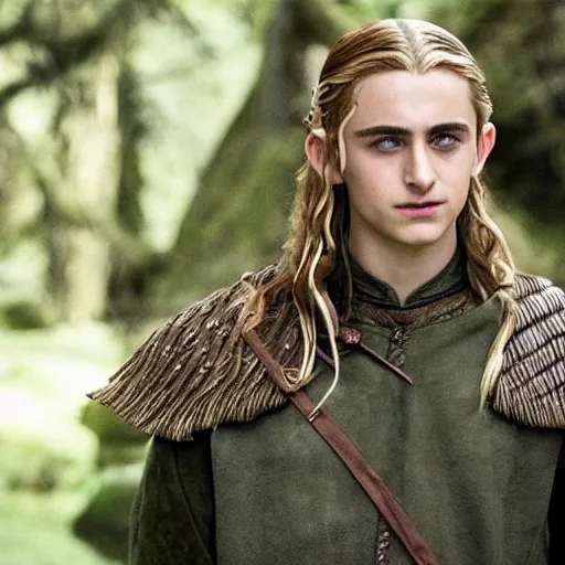 Prompt: timothee chalamet as legolas, with long blonde hair, a still from the film lord of the rings