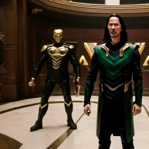 Image similar to film still of Keanu Reeves as Loki holding scepter in Avengers Endgame