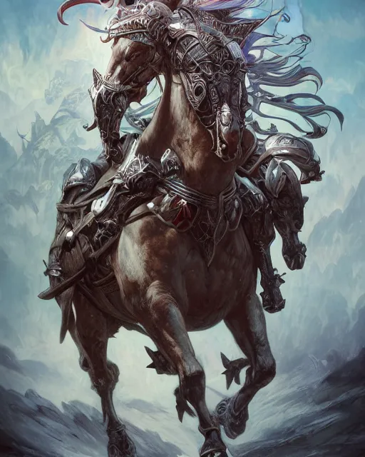 Prompt: Horse warrior, centered, portrait, symmetrical, Path of Exile, Diablo, Warhammer, digital painting, highly detailed, concept art, Nekro, Peter Mohrbacher, Alphonse Mucha, Brian Froud, Yoshitaka Amano, Kim Keever, Victo Ngai, James Jean