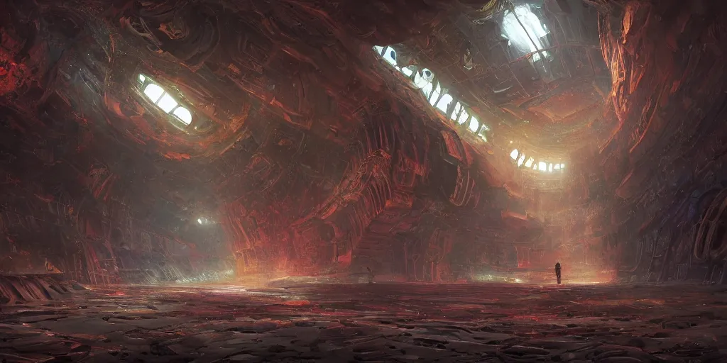 Image similar to an extremely detailed masterpiece epic color scene of the inside of a cavernous spaceship extraterrestrial pilots an opened hanger door and space in background, in the style of greg rutkowski and frank paul lehr and lebbeus woods, intricate, elegant, highly detailed, digital painting, artstation, cinematic lighting, extremely moody lighting, glowing light and shadow, 4 k