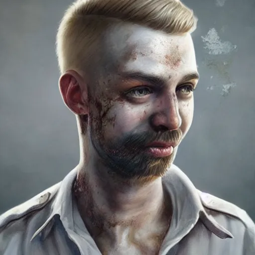 Prompt: portrait painting of a smiling police officer with pale skin short blond hair a patchy beard and blood stains on his mouth, sharp focus, ultra realistic, concept art, intricate details, eerie, highly detailed, photorealistic, octane render, 8 k, unreal engine. art by artgerm and charlie bowater and greg rutkowski