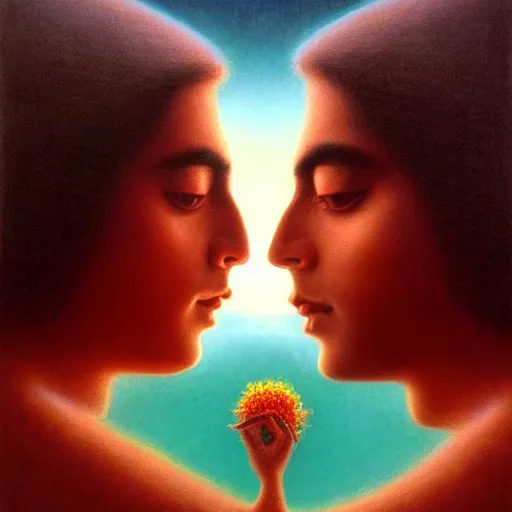 Image similar to perfectly - centered movie promotional poster - photograph of a young indian guy and a beautiful girl side profile faces symmetrical ; real life portrait by beksinski and jean delville, romantic theme, two lovers sharing one heart, unreal engine 5, photorealism, hd quality, 8 k resolution, cinema 4 d, hdr dramatic lighting ; symmetrical, cinematic, high coherence