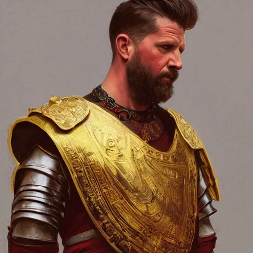 Image similar to Gavin McInnes as a Roman warrior wearing gold and red armor, elegant suit, smoking a cigarette, portrait art by alphonse mucha and greg rutkowski, highly detailed, digital painting, concept art, illustration, dim lighting with twilight rays of sunlight, trending on artstation, very detailed, smooth, sharp focus, octane render