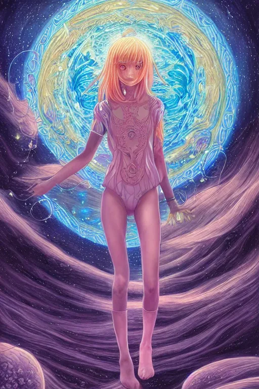 Prompt: beautiful ultra detailed manga Illustration of a girl in a celestial fantasy landscape, Full Art Illustration, by alex grey, moebius, beeple, artstation