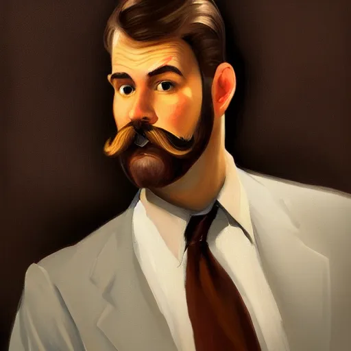 Prompt: a brown haired man with a 5 o'clock shadow mustache, detailed, edward hopper, trending on artstation,