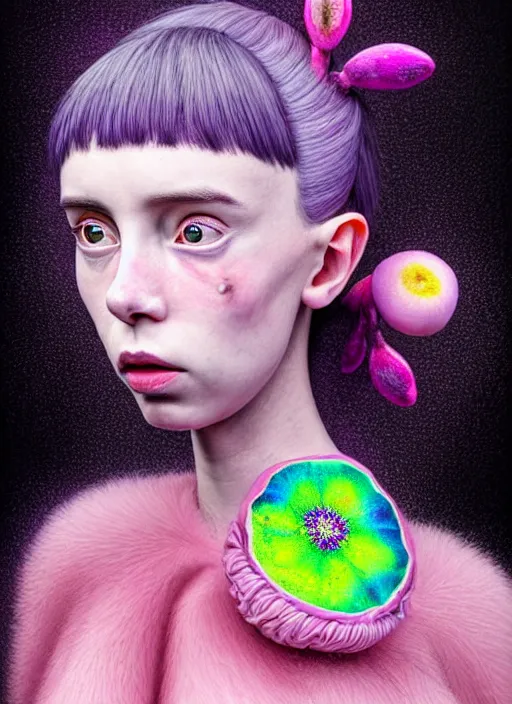 Image similar to hyper detailed 3d render like a Oil painting - kawaii portrait Aurora (a girl with skin like a skeksis from dark crystal that looks like millie bobby brown and Krysten Ritter) seen Eating of the Strangling network of yellowcake aerochrome and milky Fruit and His delicate Hands hold of gossamer polyp blossoms bring iridescent fungal flowers whose spores black the foolish stars by Jacek Yerka, Ilya Kuvshinov, Mariusz Lewandowski, Houdini algorithmic generative render, Abstract brush strokes, Masterpiece, Edward Hopper and James Gilleard, Zdzislaw Beksinski, Mark Ryden, Wolfgang Lettl, hints of Yayoi Kasuma, octane render, 8k