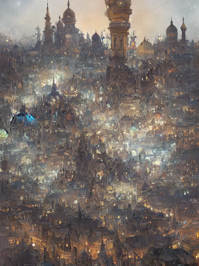 Image similar to a dome - covered city resembling ancient baghdad at night with the sky full of stars, intricate, elegant, highly detailed, digital painting, artstation, concept art, smooth, sharp focus, colored illustration for tattoo, art by krenz cushart and artem demura and alphonse mucha,