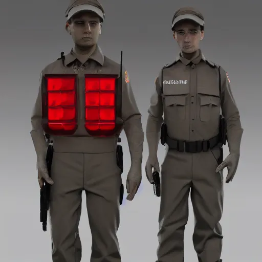 Image similar to ( glowing red zombie ) security officers beige!! uniform and caps trending on artstation very realistic proportional accurate high detail 4 k 8 k hd